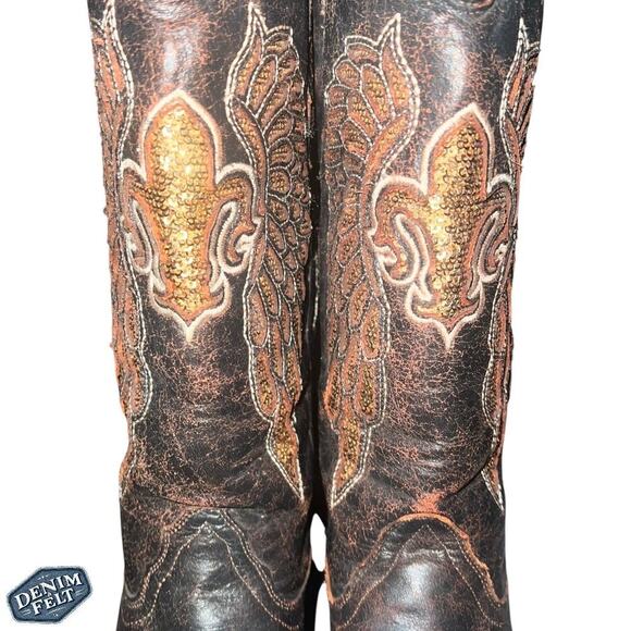 CORRAL WOMENS FLOR DE LIS WINGS BROWN LEATHER SEQUIN WESTERN COWBOY BOOTS - Picture 6 of 16